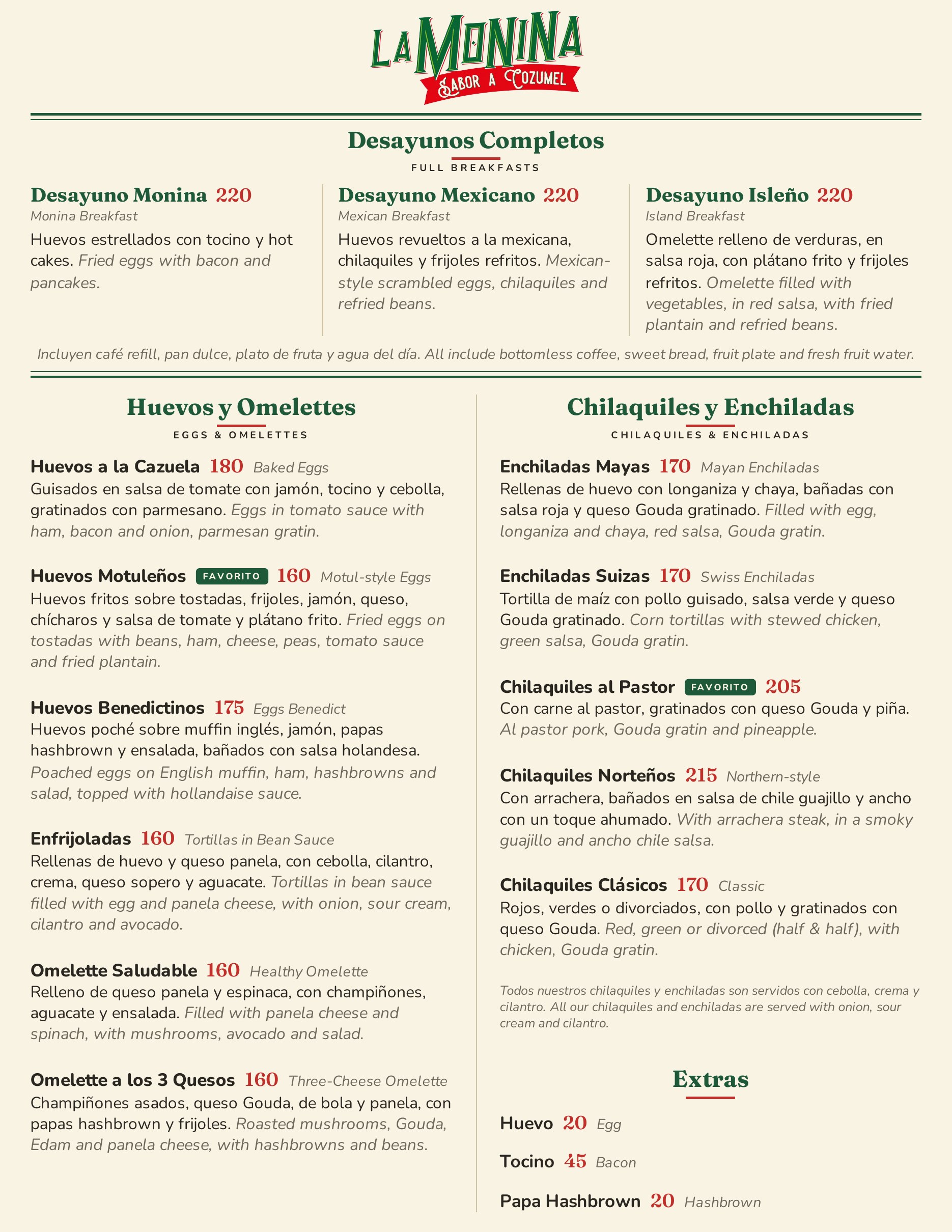 Menú bilingüe de desayunos de La Monina, página 1