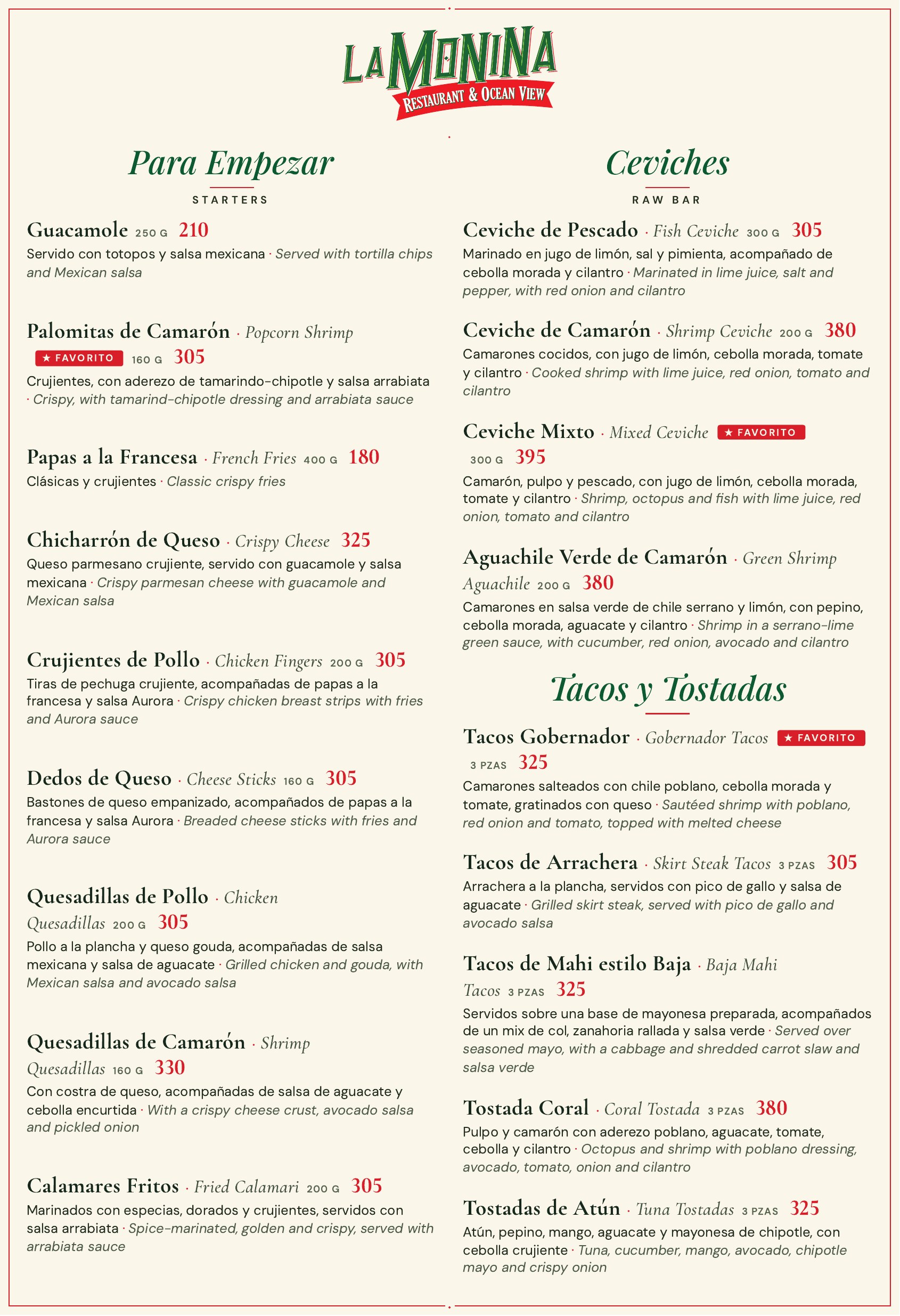 Menú bilingüe de almuerzo y cena de La Monina, página 1